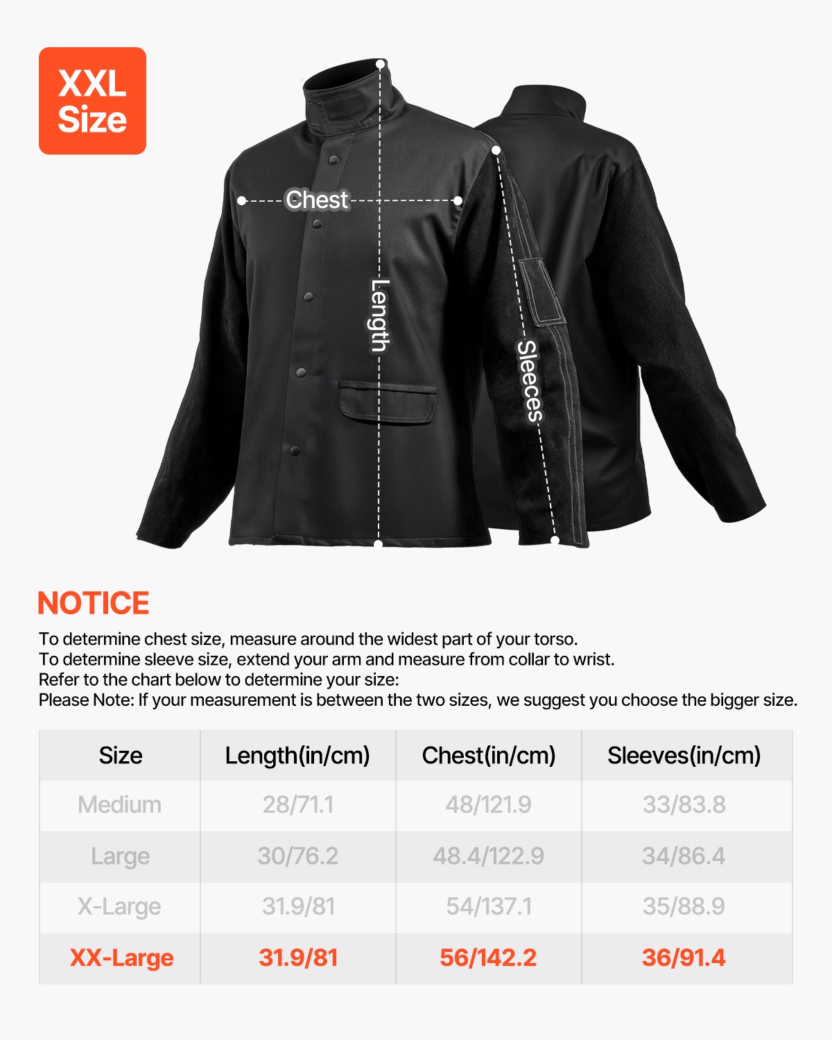 VEVOR Flame-Resistant Welding Jacket - XXL, Heavy Duty Split Cowhide Leather Sleeve + 9 oz. FR Cotton Body, Heat-Resistant Welding Safety Jacket with Snap Buttons & Pockets, Ideal for Welders Fitters