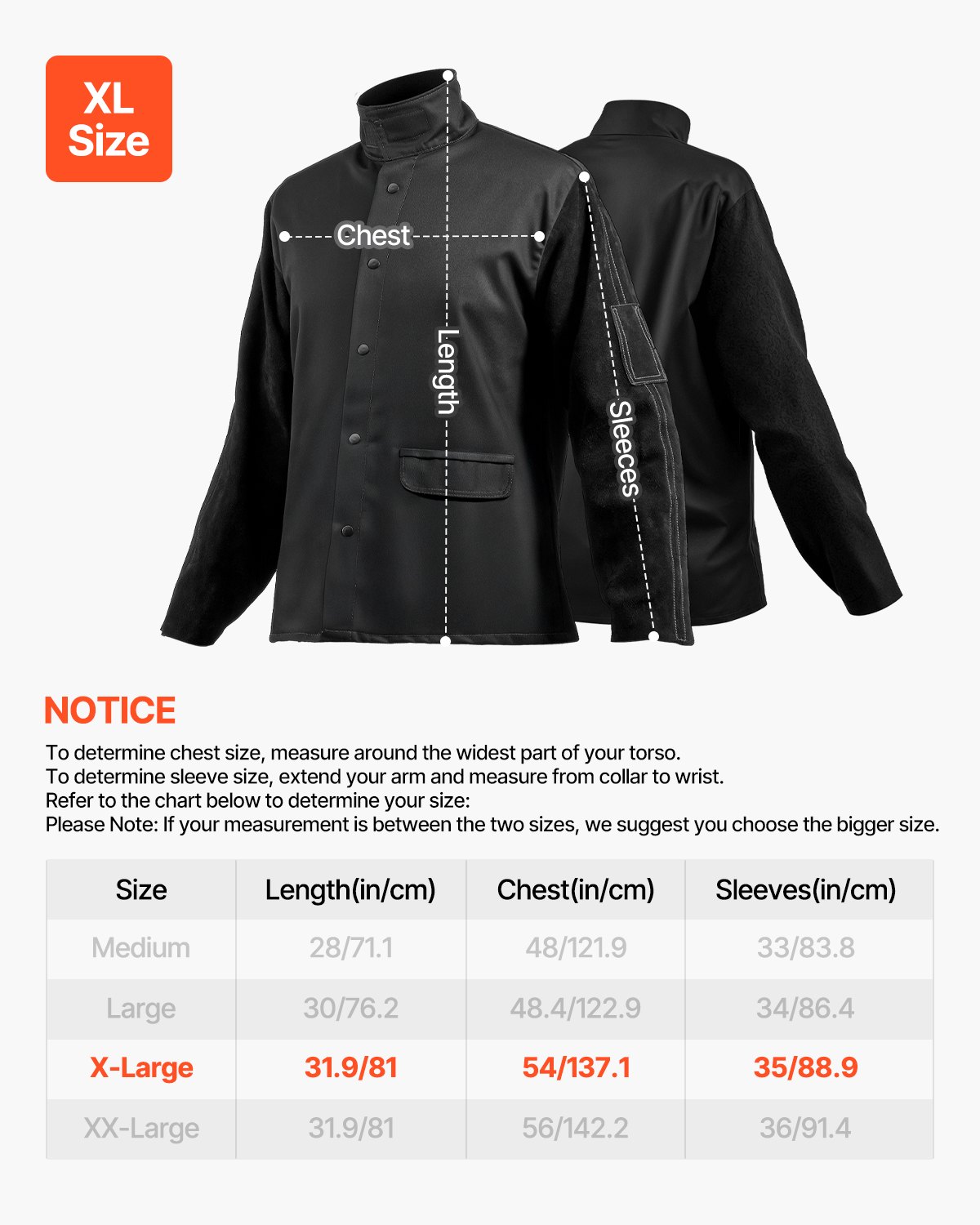 VEVOR Flame-Resistant Welding Jacket - XL, Heavy Duty Split Cowhide Leather Sleeve + 9 oz. FR Cotton Body, Heat-Resistant Welding Safety Jacket with Snap Buttons & Pockets, Ideal for Welders Fitters