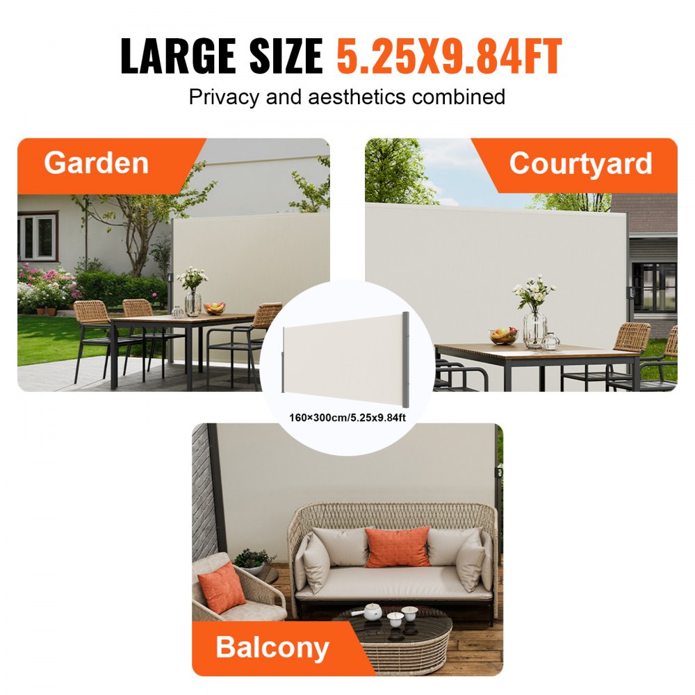 VEVOR Retractable Side Awning, 63''x 118'' Outdoor Privacy Screen, 180g Polyester Water-proof Retractable Patio Screen, UV 30+ Room Divider Wind Screen for Patio, Backyard, Balcony, Beige