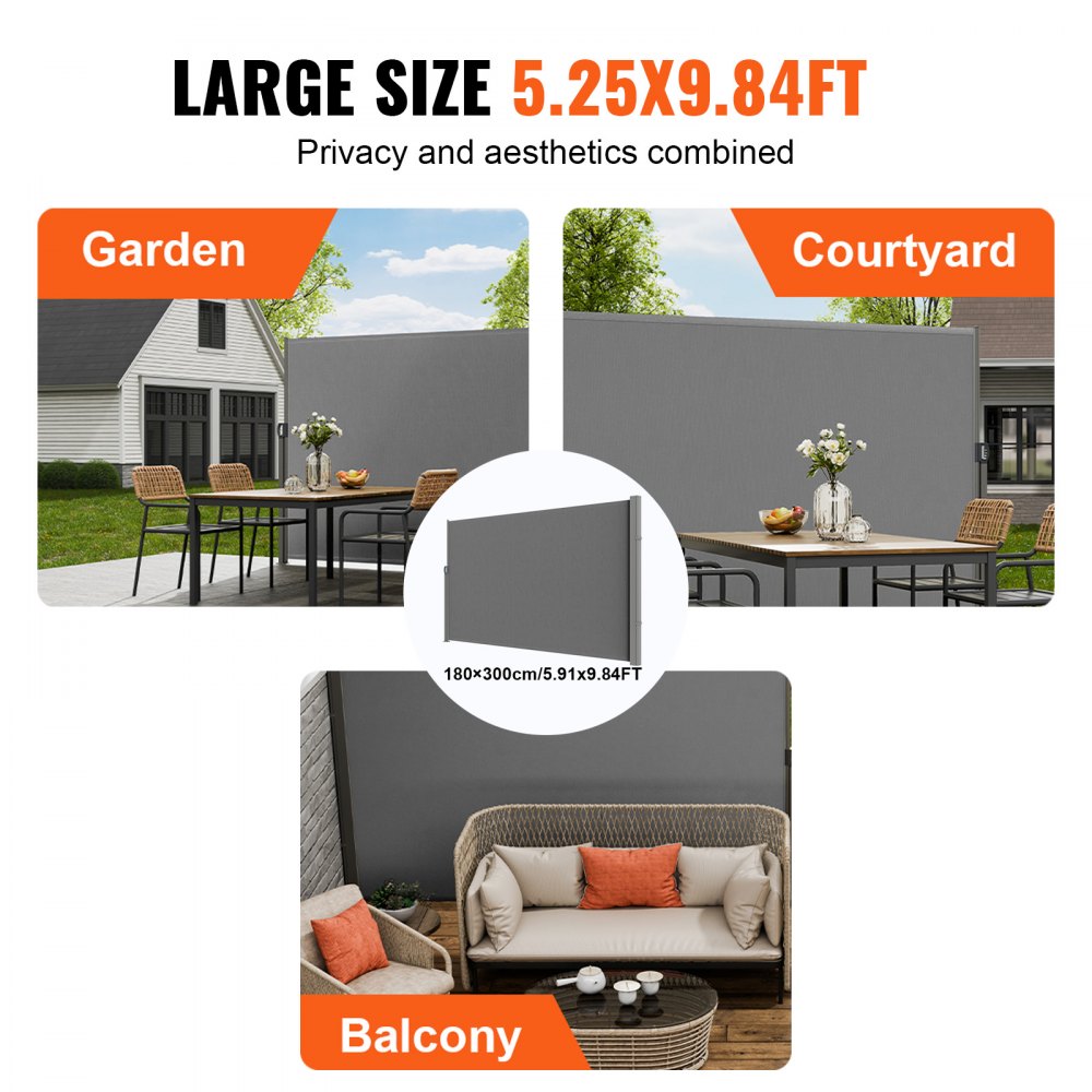 VEVOR Retractable Side Awning, 63''x 118'' Outdoor Privacy Screen, 180g Polyester Water-proof Retractable Patio Screen, UV 30+ Room Divider Wind Screen for Patio, Backyard, Balcony, Gray