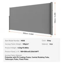 VEVOR Retractable Side Awning, 63''x 118'' Outdoor Privacy Screen, 180g Polyester Water-proof Retractable Patio Screen, UV 30+ Room Divider Wind Screen for Patio, Backyard, Balcony, Gray