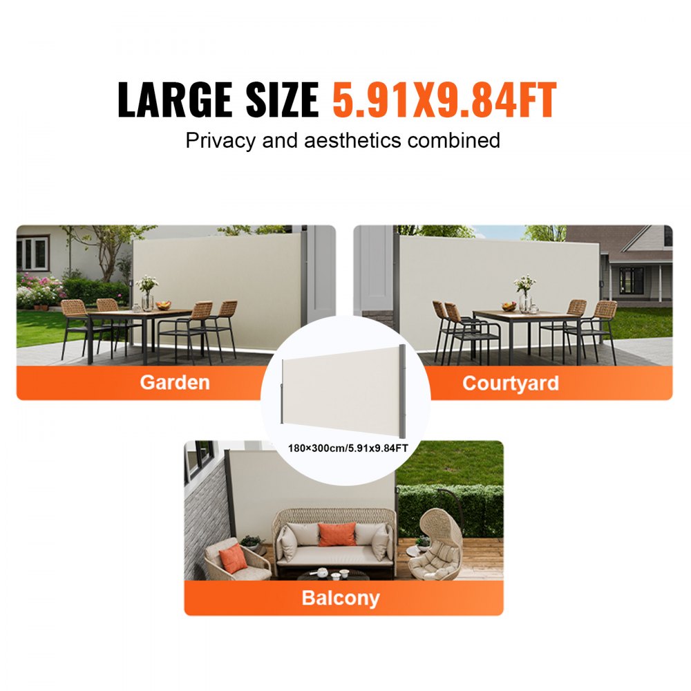 VEVOR Retractable Side Awning, 71''x 118'' Outdoor Privacy Screen, 180g Polyester Water-proof Retractable Patio Screen, UV 30+ Room Divider Wind Screen for Patio, Backyard, Balcony, Beige