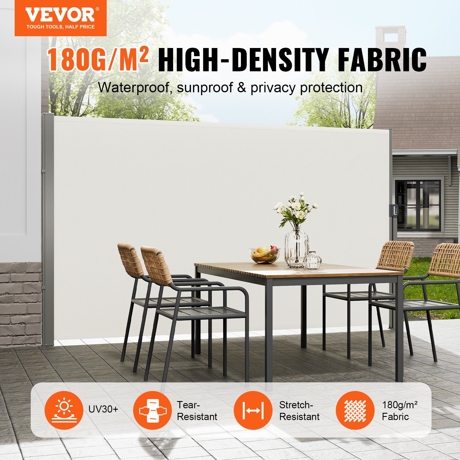 VEVOR Stahovací boční markýza, 71''x 118'' Venkovní ochranná zástěna, 180g polyesterová vodotěsná výsuvná zástěna na terasu, UV 30+ větrná zástěna na terasu, dvorek, balkón, béžová