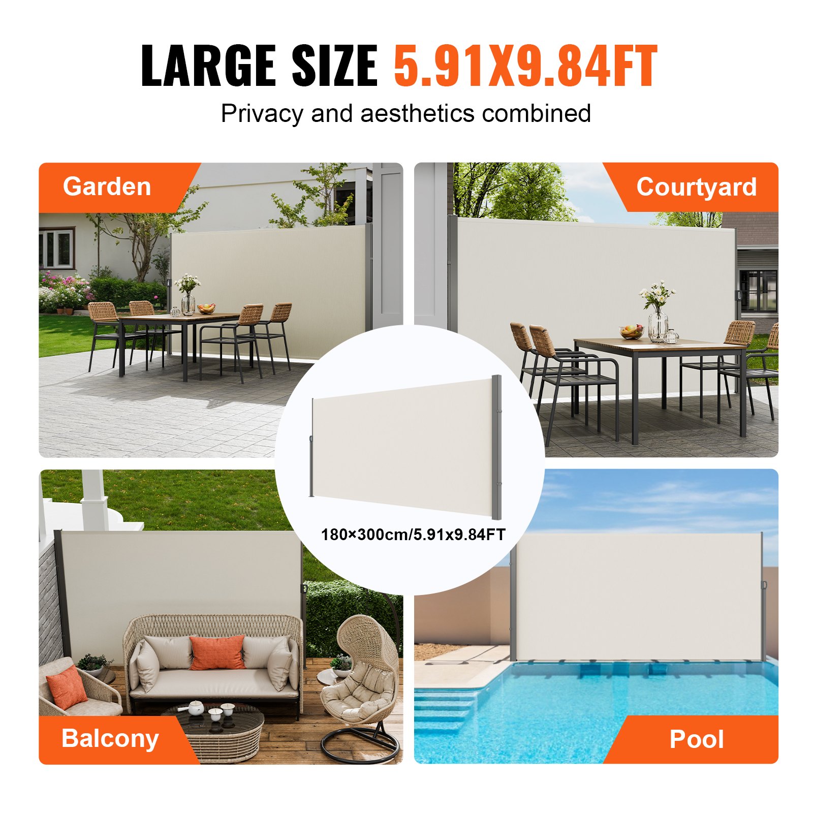 VEVOR Stahovací boční markýza, 71''x 118'' Venkovní ochranná zástěna, 180g polyesterová vodotěsná výsuvná zástěna na terasu, UV 30+ větrná zástěna na terasu, dvorek, balkón, béžová