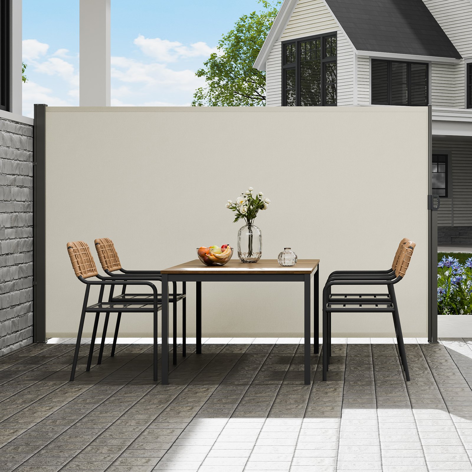 VEVOR Stahovací boční markýza, 71''x 118'' Venkovní ochranná zástěna, 180g polyesterová vodotěsná výsuvná zástěna na terasu, UV 30+ větrná zástěna na terasu, dvorek, balkón, béžová
