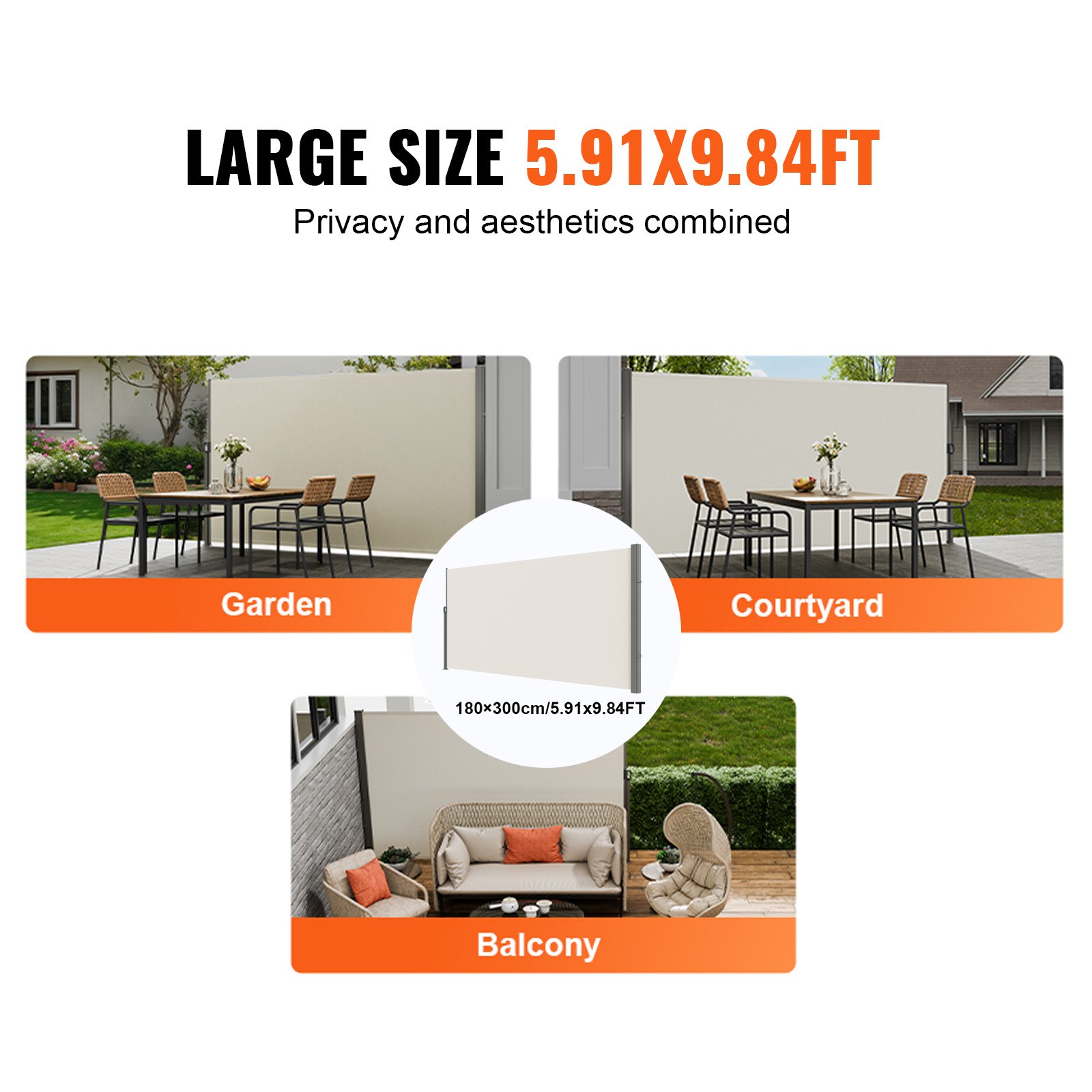 VEVOR Retractable Side Awning, 71''x 118'' Outdoor Privacy Screen, 180g Polyester Water-proof Retractable Patio Screen, UV 30+ Room Divider Wind Screen for Patio, Backyard, Balcony, Beige