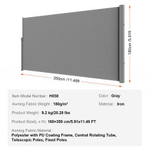 VEVOR Retractable Side Awning, 71''x 138'' Outdoor Privacy Screen, 180g Polyester Water-proof Retractable Patio Screen, UV 30+ Room Divider Wind Screen for Patio, Backyard, Balcony, Gray