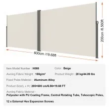 VEVOR Retractable Side Awning, 79''x 236'' Outdoor Privacy Screen, 180g Polyester Water-proof Retractable Patio Screen, UV 30+ Room Divider Wind Screen for Patio, Backyard, Balcony, Beige