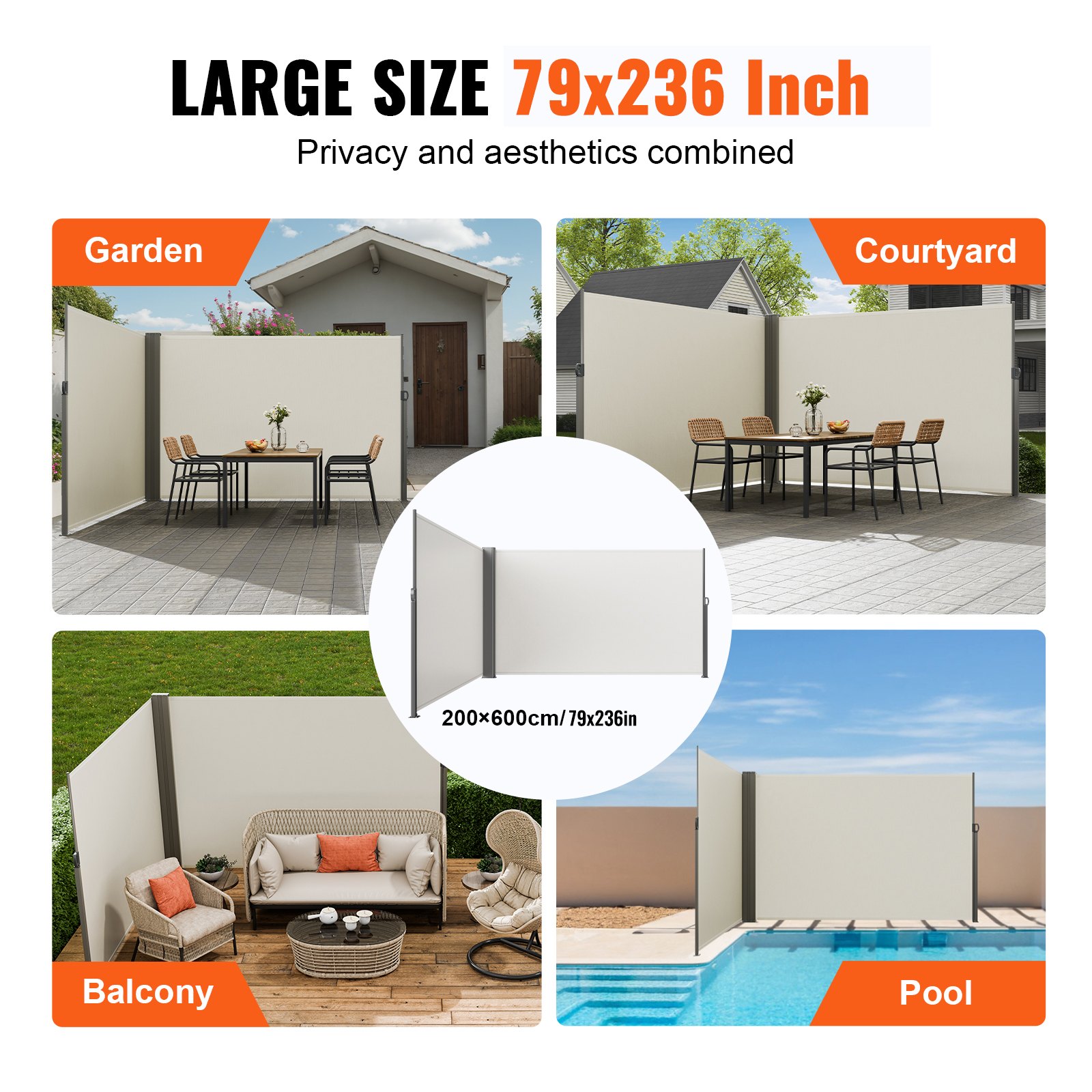 VEVOR Retractable Side Awning, 79''x 236'' Outdoor Privacy Screen, 180g Polyester Water-proof Retractable Patio Screen, UV 30+ Room Divider Wind Screen for Patio, Backyard, Balcony, Beige