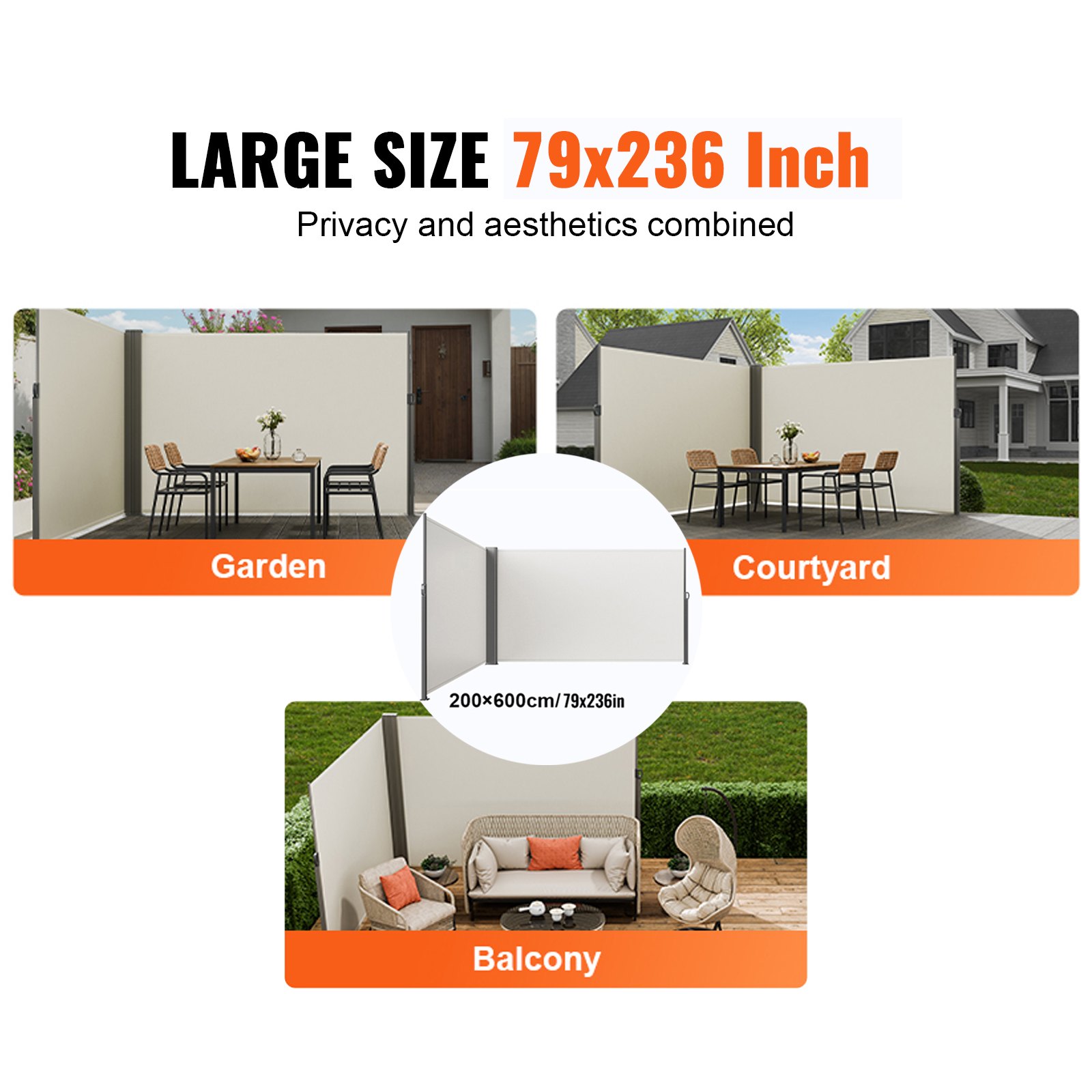 VEVOR Retractable Side Awning, 79''x 236'' Outdoor Privacy Screen, 180g Polyester Water-proof Retractable Patio Screen, UV 30+ Room Divider Wind Screen for Patio, Backyard, Balcony, Beige