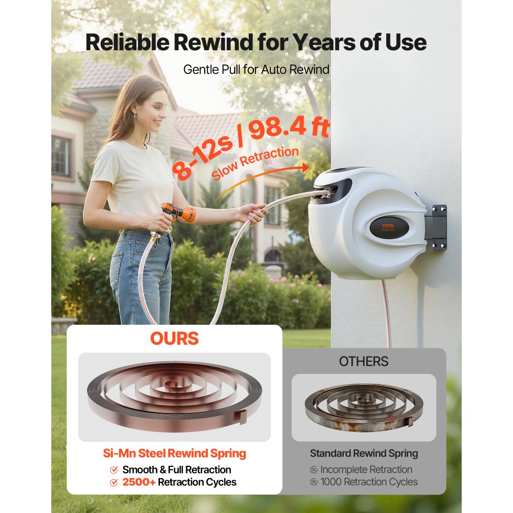 VEVOR Retractable Hose Reel, 100 ft x 1/2 inch, 180° Swivel Bracket Wall-Mounted, Garden Water Hose Reel with 9-Pattern Nozzle, Automatic Rewind, Lock at Any Length, and Slow Return System