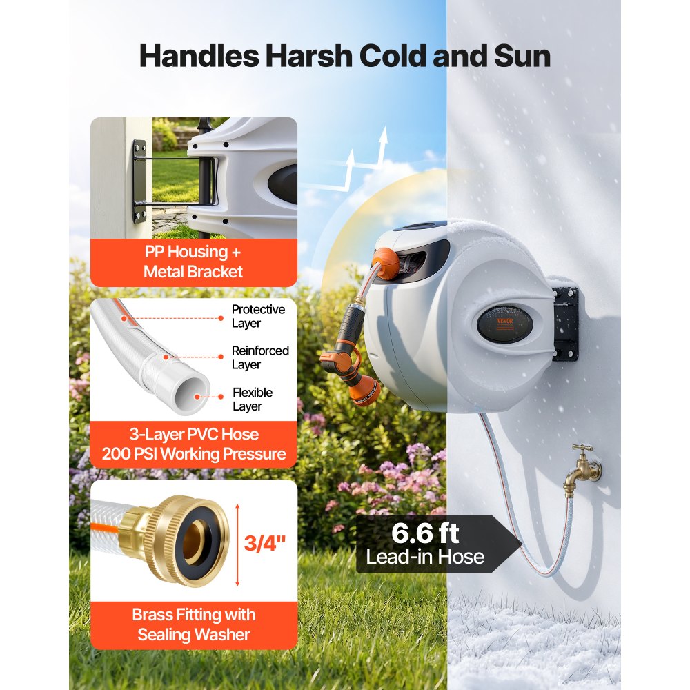 VEVOR Retractable Hose Reel, 100 ft x 1/2 inch, 180° Swivel Bracket Wall-Mounted, Garden Water Hose Reel with 9-Pattern Nozzle, Automatic Rewind, Lock at Any Length, and Slow Return System
