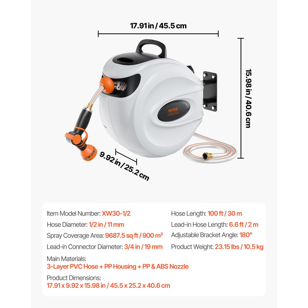 VEVOR Retractable Hose Reel, 100 ft x 1/2 inch, 180° Swivel Bracket Wall-Mounted, Garden Water Hose Reel with 9-Pattern Nozzle, Automatic Rewind, Lock at Any Length, and Slow Return System