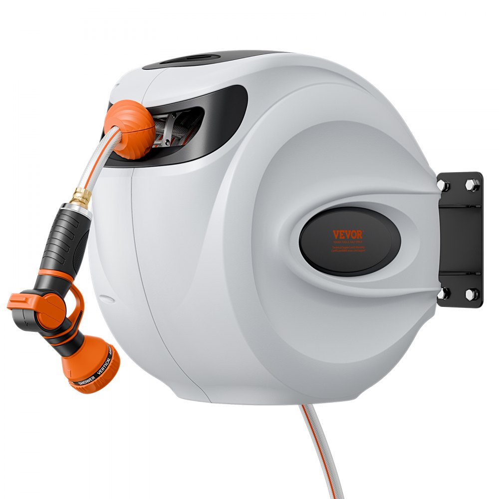 VEVOR Retractable Hose Reel, 100 ft x 1/2 inch, 180° Swivel Bracket Wall-Mounted, Garden Water Hose Reel with 9-Pattern Nozzle, Automatic Rewind, Lock at Any Length, and Slow Return System