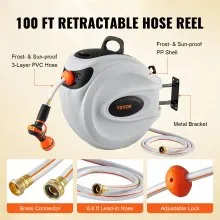 VEVOR Retractable Hose Reel Water Hose Reel 100'x1/2" 180° Swivel Wall-Mounted,Garden Water Hose Reel with 9-Pattern Nozzle,Automatic Rewind, Lock at Any Length, with Slow Return System