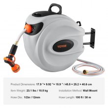 VEVOR Retractable Hose Reel Water Hose Reel 100'x1/2" 180° Swivel Wall-Mounted,Garden Water Hose Reel with 9-Pattern Nozzle,Automatic Rewind, Lock at Any Length, with Slow Return System