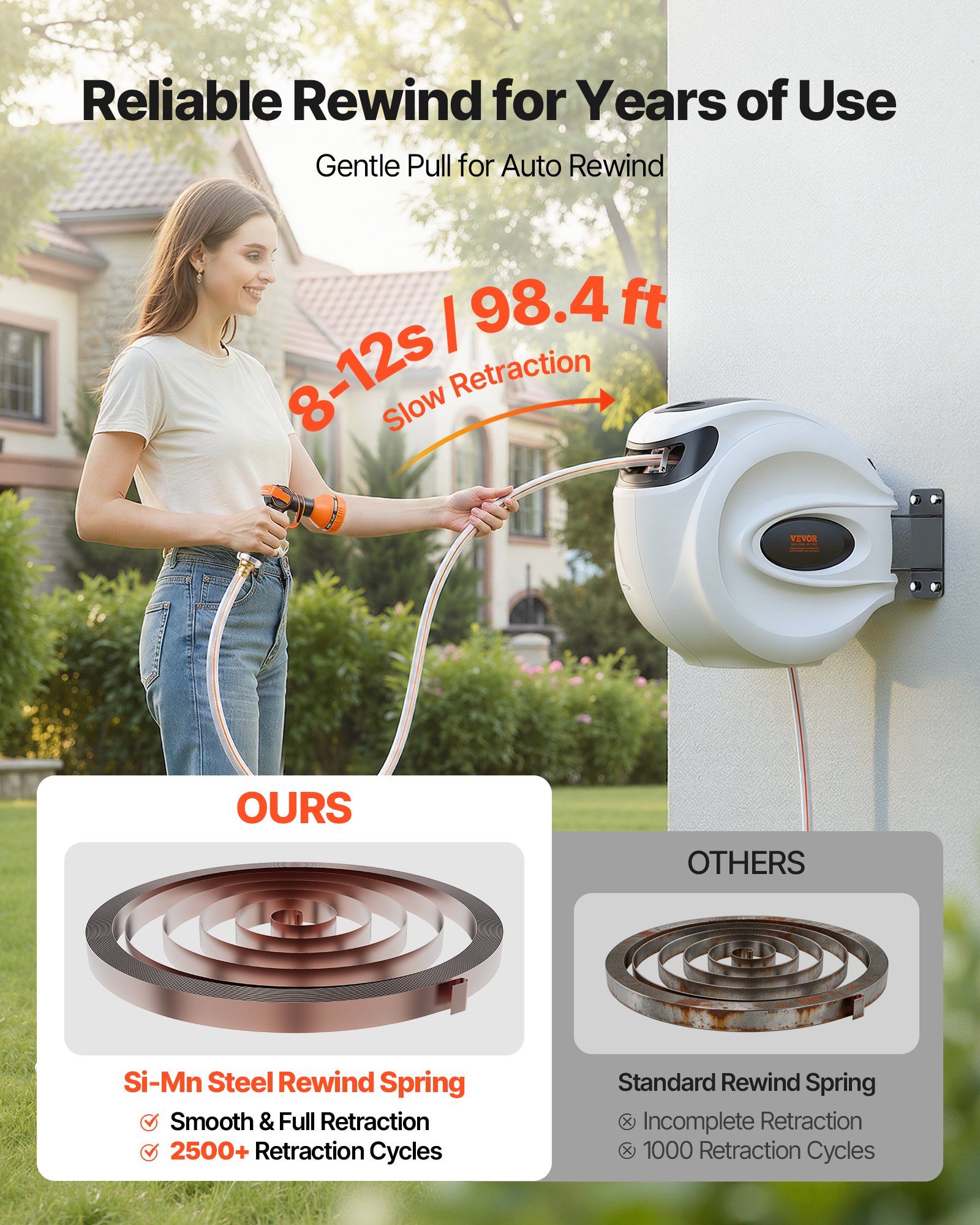 VEVOR Retractable Hose Reel, 100 ft x 1/2 inch, 180° Swivel Bracket Wall-Mounted, Garden Water Hose Reel with 9-Pattern Nozzle, Automatic Rewind, Lock at Any Length, and Slow Return System