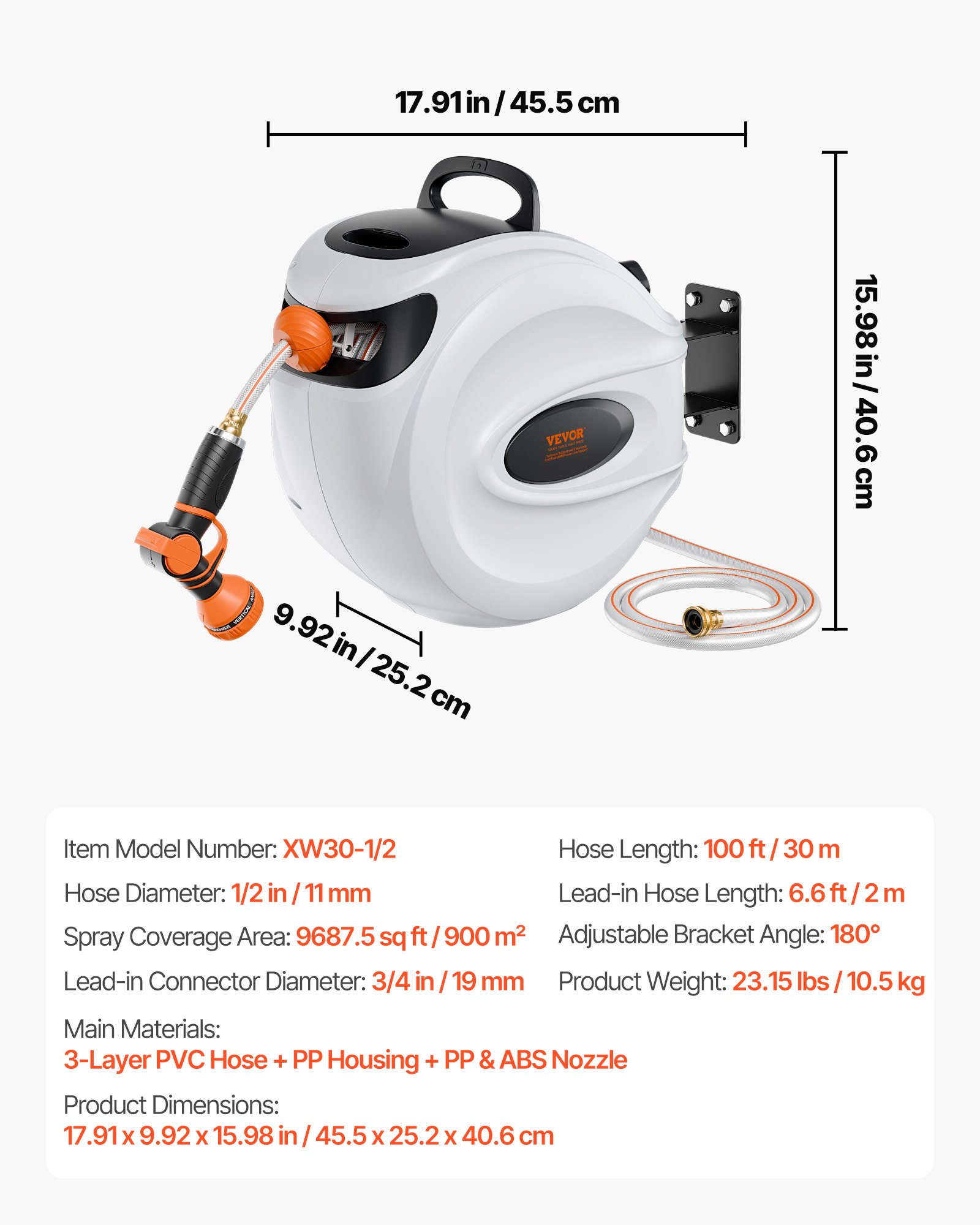 VEVOR Retractable Hose Reel, 100 ft x 1/2 inch, 180° Swivel Bracket Wall-Mounted, Garden Water Hose Reel with 9-Pattern Nozzle, Automatic Rewind, Lock at Any Length, and Slow Return System