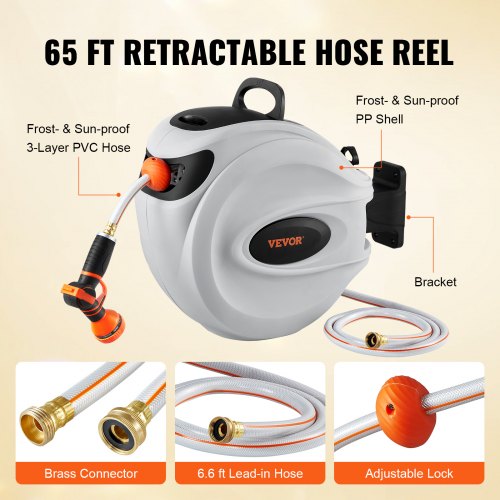 VEVOR Retractable Hose Reel Water Hose Reel 65'x5/8" 180° Swivel Wall-Mounted