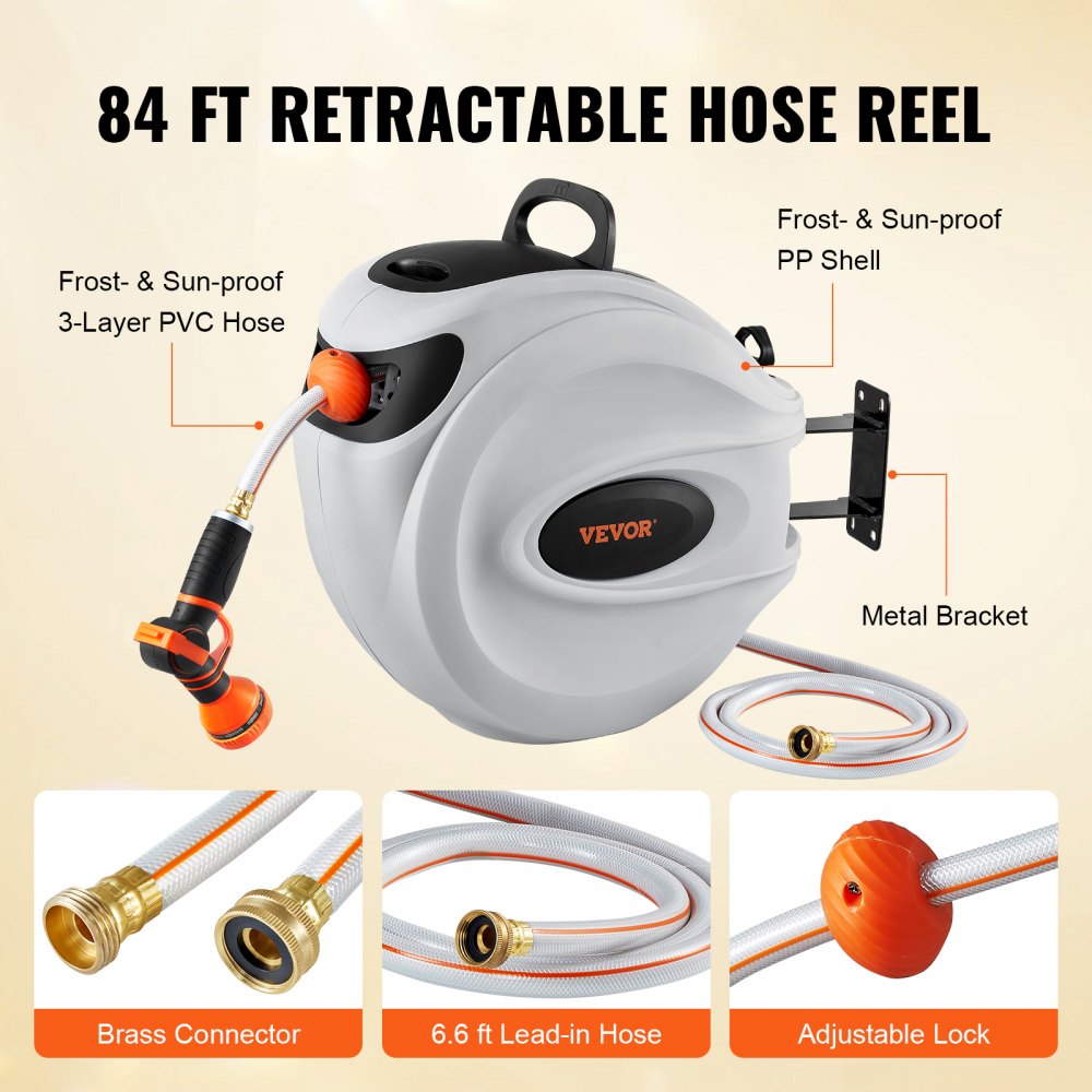 VEVOR Retractable Hose Reel, 84 ft x 5/8 inch, 180° Swivel Bracket Wall-Mounted, Garden Water Hose Reel with 9-Pattern Nozzle, Automatic Rewind, Lock at Any Length, and Slow Return System