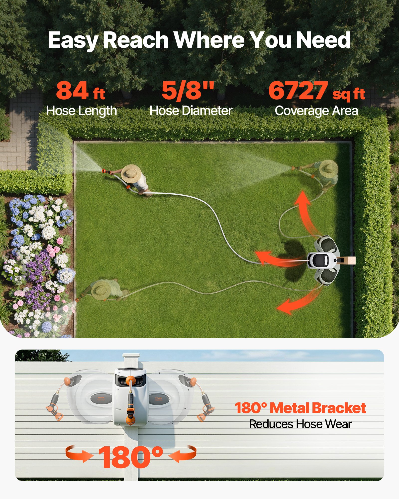 VEVOR Retractable Hose Reel, 84 ft x 5/8 inch, 180° Swivel Bracket Wall-Mounted, Garden Water Hose Reel with 9-Pattern Nozzle, Automatic Rewind, Lock at Any Length, and Slow Return System