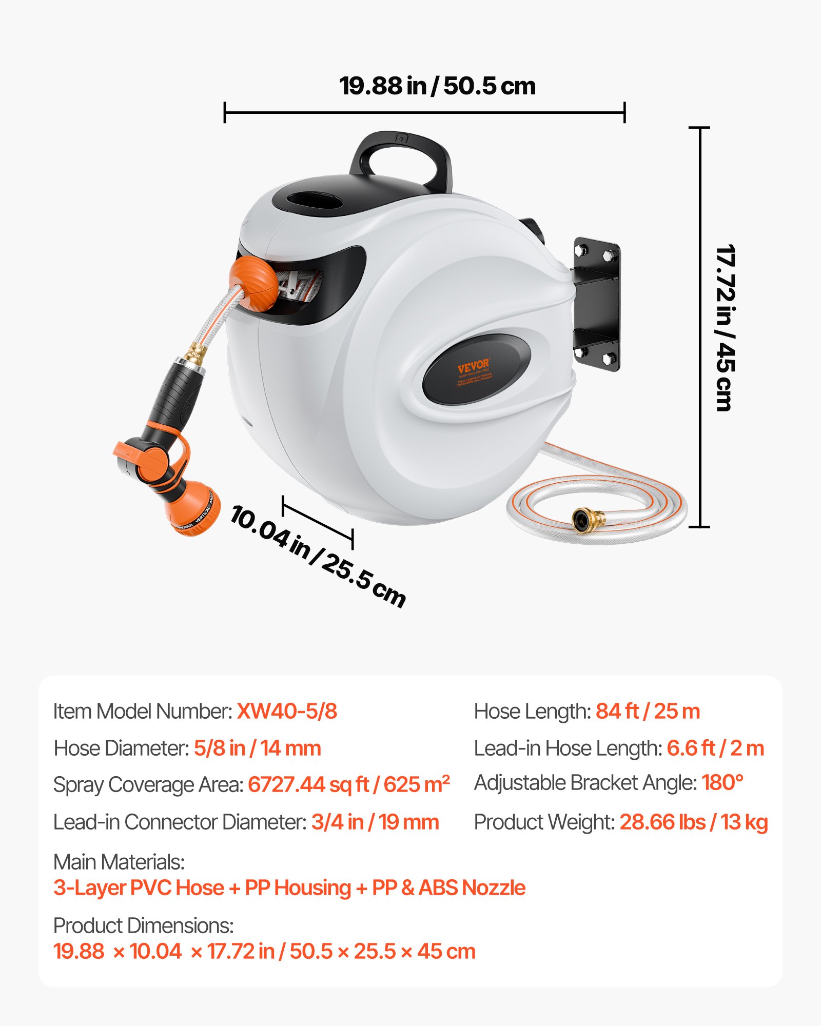 VEVOR Retractable Hose Reel, 84 ft x 5/8 inch, 180° Swivel Bracket Wall-Mounted, Garden Water Hose Reel with 9-Pattern Nozzle, Automatic Rewind, Lock at Any Length, and Slow Return System