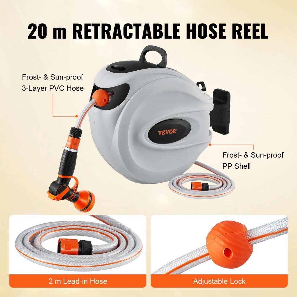 VEVOR Retractable Hose Reel Water Hose Reel 20m x 1.3cm 180° Swivel Wall-Mounted