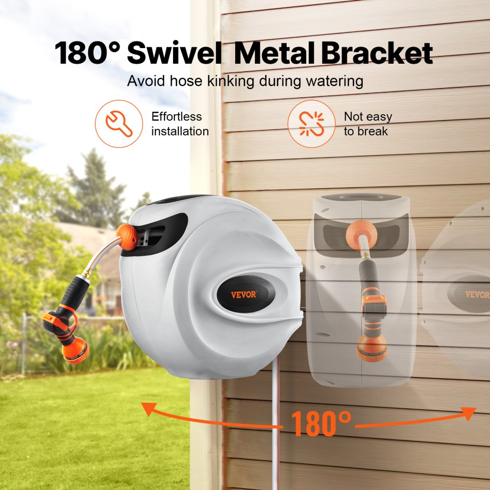 VEVOR Retractable Garden Hose Reel, 1/2" x 131.23 ft Wall Mounted Hose Reel, Heavy Duty Garden Hose Reel with 9 Patterns Nozzle, Any Length Lock, Auto-Rewind Slow Return System and 180°Swivel Bracket