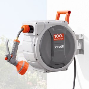 VEVOR Retractable Garden Hose Reel, 5/8 Inch x 100 ft Wall Mounted Hose Reel, Heavy Duty Garden Hose Reel with 9 Patterns Nozzle, Any Length Lock, Upgraded Slow Return System and 180°Swivel Bracket