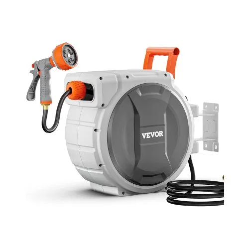 VEVOR Retractable Garden Hose Reel, 5/8 Inch x 100 ft Wall Mounted Hose Reel, Heavy Duty Garden Hose Reel with 9 Patterns Nozzle, Any Length Lock, Upgraded Slow Return System and 180°Swivel Bracket