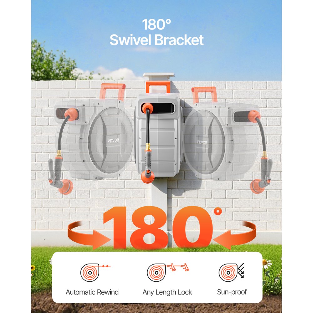 VEVOR Retractable Garden Hose Reel, 1/2 Inch x 65 ft Wall Mounted Hose Reel, Heavy Duty Garden Hose Reel with 9 Patterns Nozzle, Any Length Lock, Upgraded Slow Return System and 180°Swivel Bracket