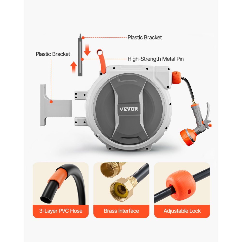 VEVOR Retractable Garden Hose Reel, 1/2 Inch x 65 ft Wall Mounted Hose Reel, Heavy Duty Garden Hose Reel with 9 Patterns Nozzle, Any Length Lock, Upgraded Slow Return System and 180°Swivel Bracket