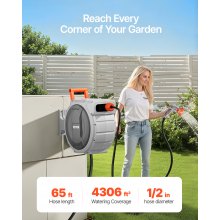 VEVOR Retractable Garden Hose Reel, 1/2 Inch x 65 ft Wall Mounted, Heavy Duty Garden Hose Reel with 9 Patterns Nozzle, Any Length Lock, Upgraded Slow Return System and 180°Swivel Bracket