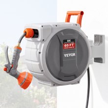 VEVOR Retractable Garden Hose Reel, 1/2 Inch x 65 ft Wall Mounted Hose Reel, Heavy Duty Garden Hose Reel with 9 Patterns Nozzle, Any Length Lock, Upgraded Slow Return System and 180°Swivel Bracket