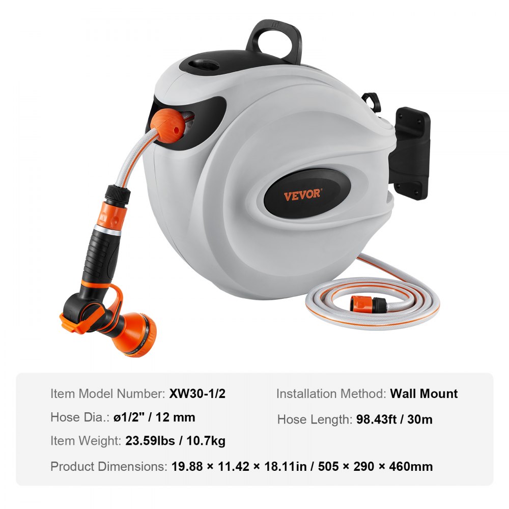 VEVOR Retractable Garden Hose Reel, 1/2 in x 98.43 ft Wall Mounted Hose Reel, Heavy Duty Garden Hose Reel with 9 Patterns Nozzle, Any Length Lock, Auto-Rewind Slow Return System and 180°Swivel Bracket