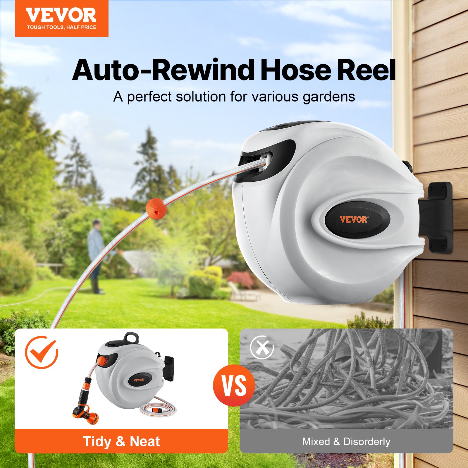 VEVOR Retractable Garden Hose Reel, 1/2 in x 98.43 ft Wall Mounted Hose Reel, Heavy Duty Garden Hose Reel with 9 Patterns Nozzle, Any Length Lock, Auto-Rewind Slow Return System and 180°Swivel Bracket