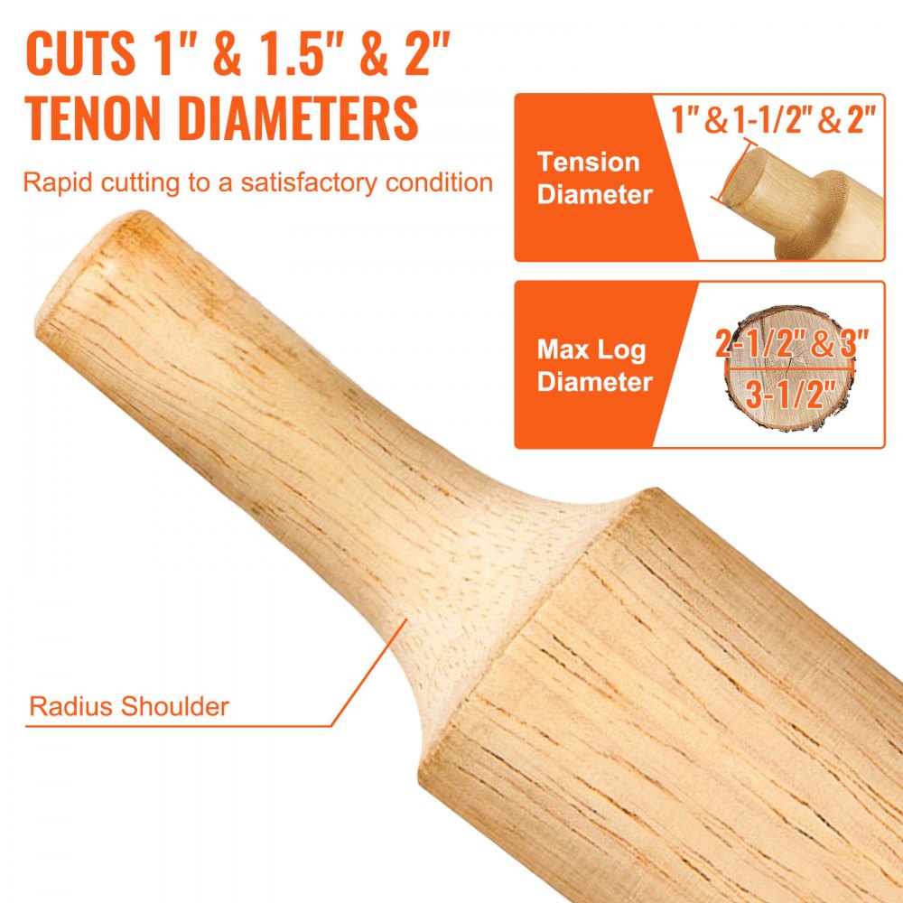 VEVOR tenon cutter showing different tenon diameters from 1&quot; to 2&quot; and shoulder radius for rapid cutting.