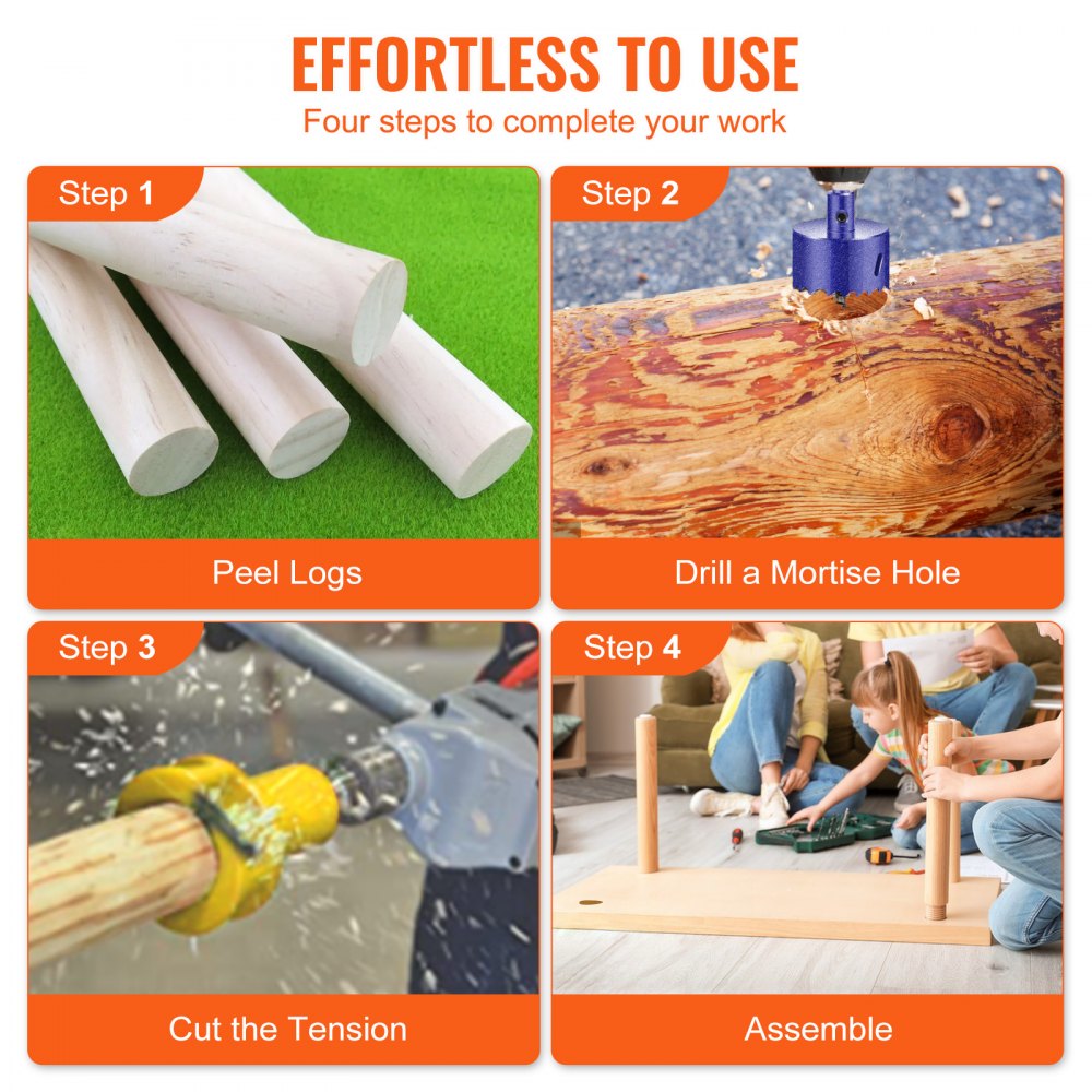 effortless to use: four steps to complete your work with the VEVOR tenon cutter: peel logs, drill mortise hole, cut the tension, assemble.