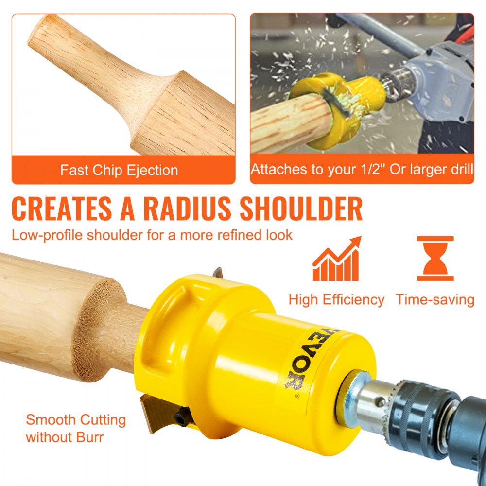 VEVOR tenon cutter attached to a drill, demonstrating smooth cutting and fast chip ejection for radius shoulder.