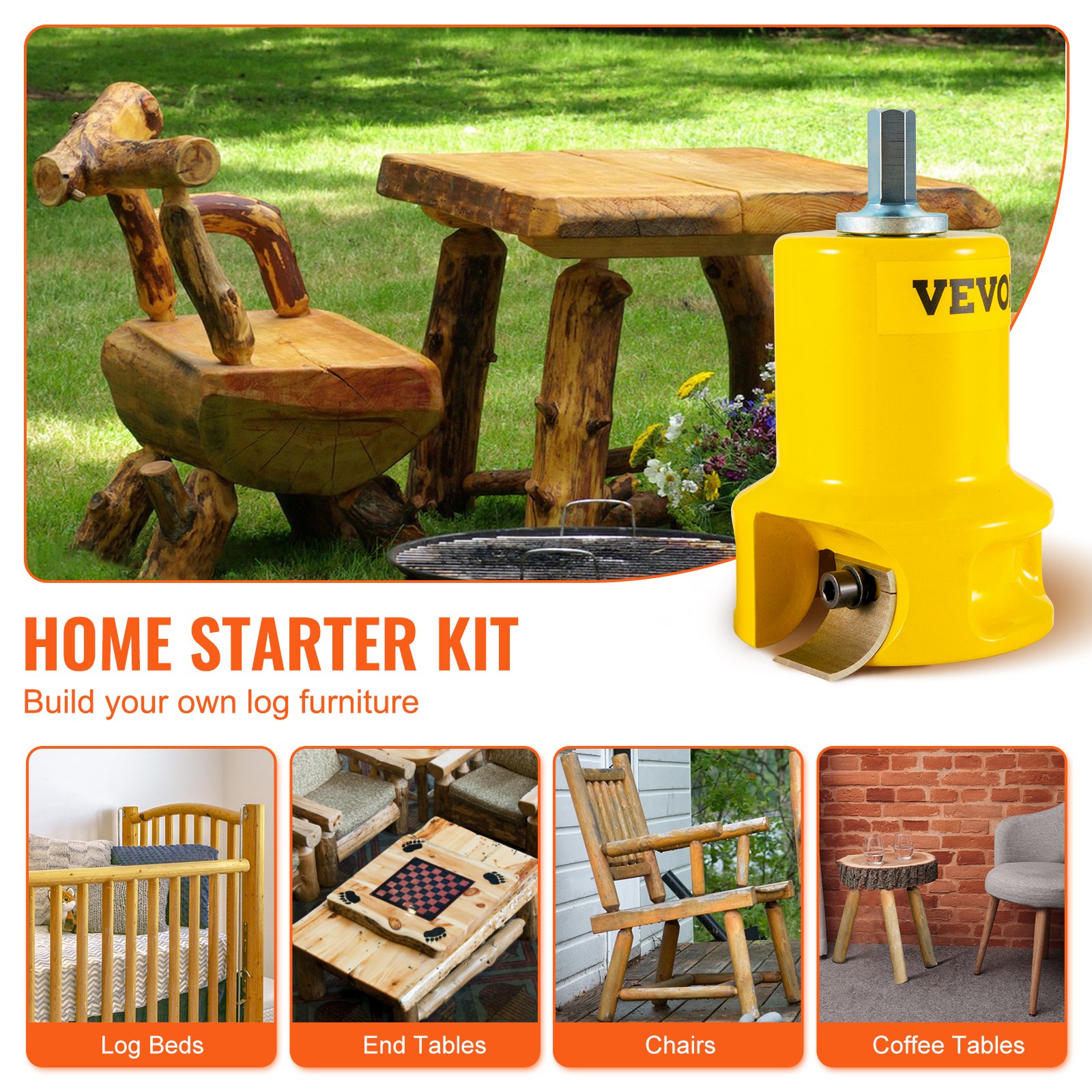 VEVOR tenon cutter home starter kit for building log furniture like beds, tables, chairs, and coffee tables.