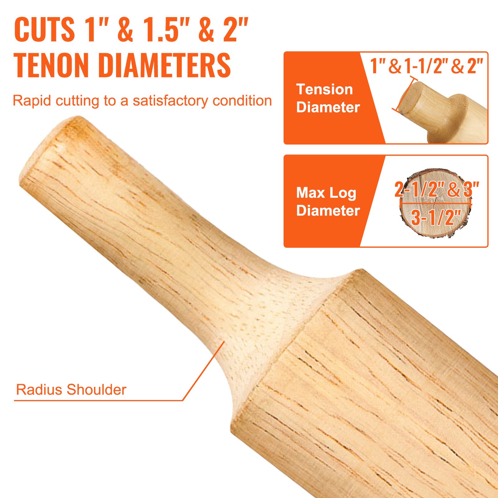 VEVOR tenon cutter showing different tenon diameters from 1&quot; to 2&quot; and shoulder radius for rapid cutting.