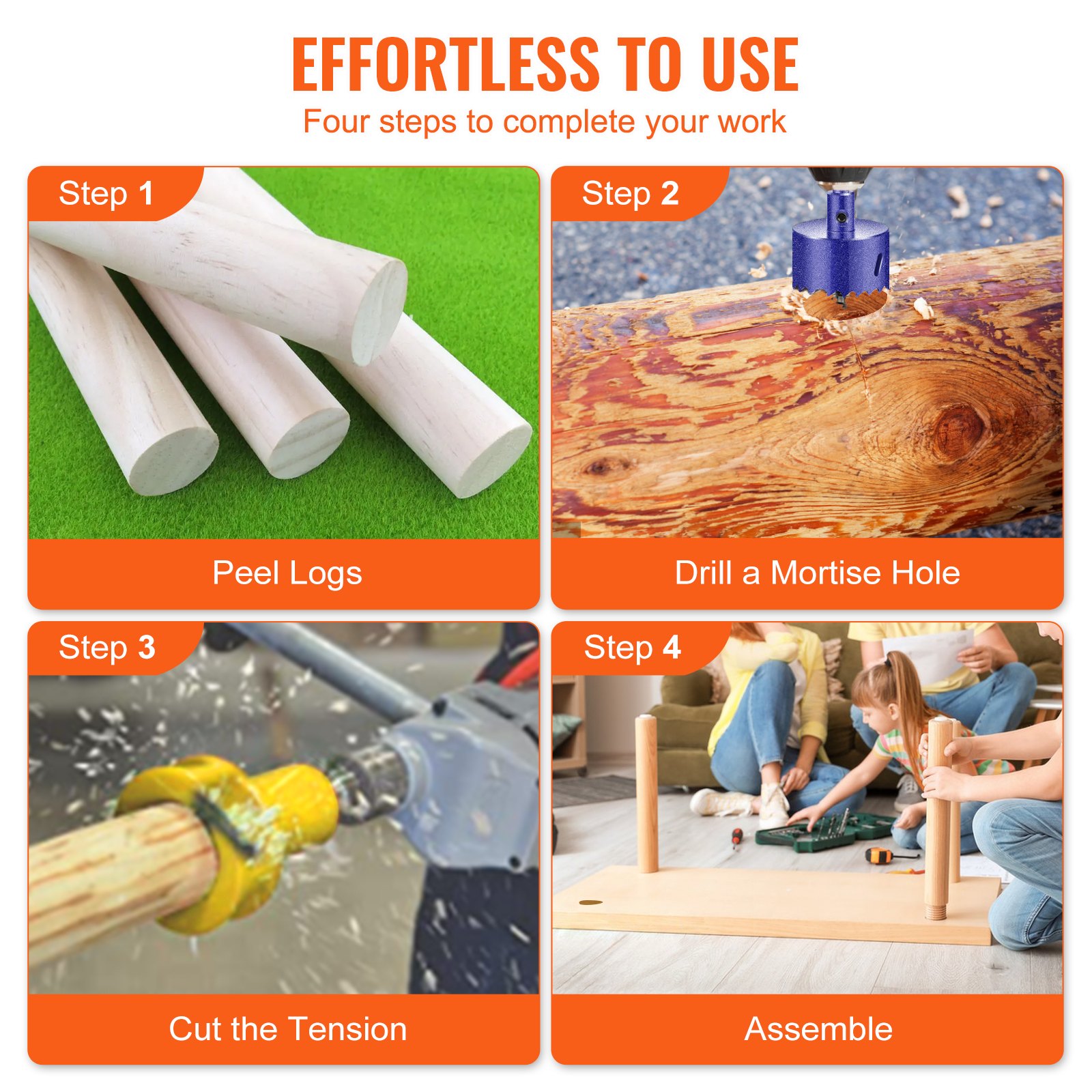 effortless to use: four steps to complete your work with the VEVOR tenon cutter: peel logs, drill mortise hole, cut the tension, assemble.