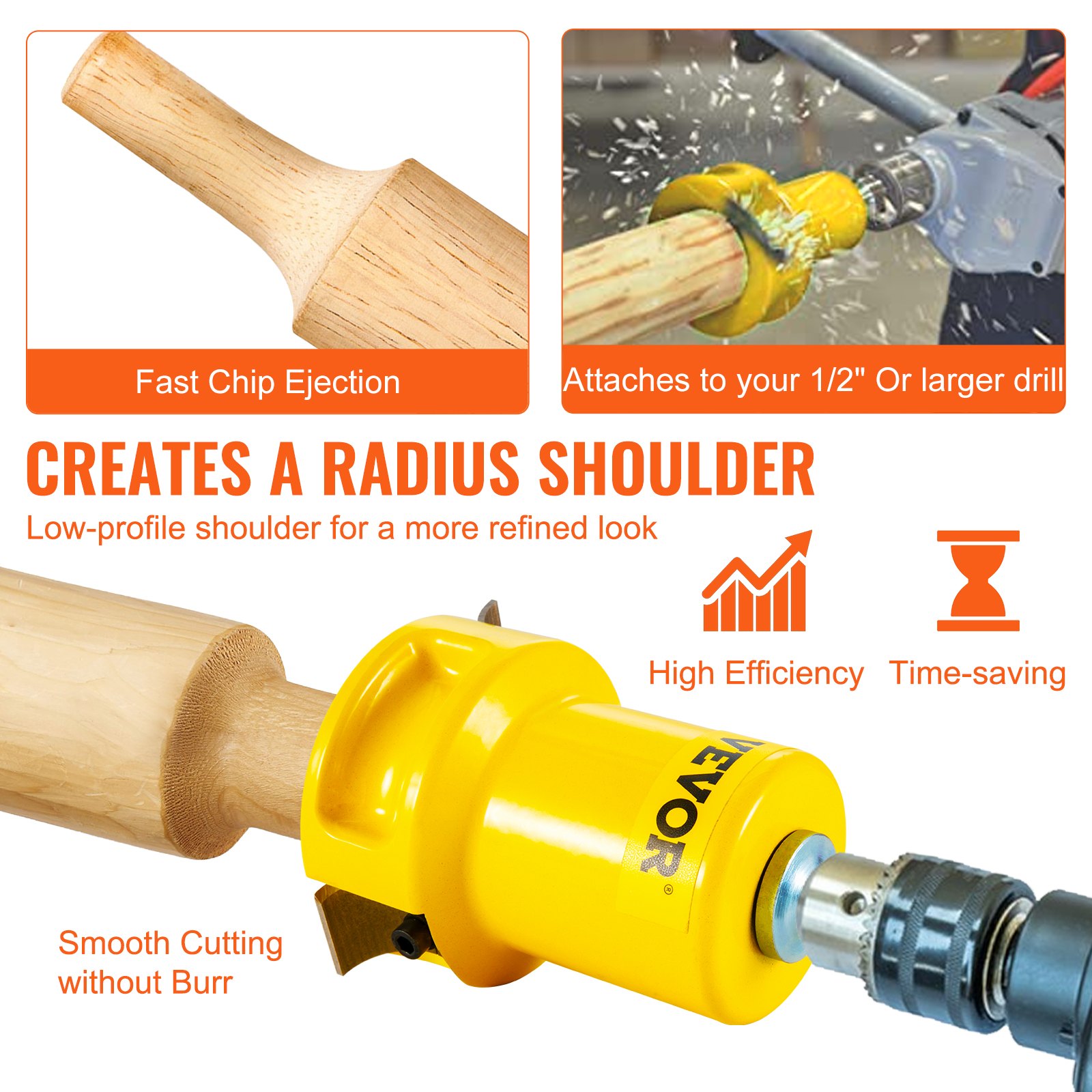 VEVOR tenon cutter attached to a drill, demonstrating smooth cutting and fast chip ejection for radius shoulder.