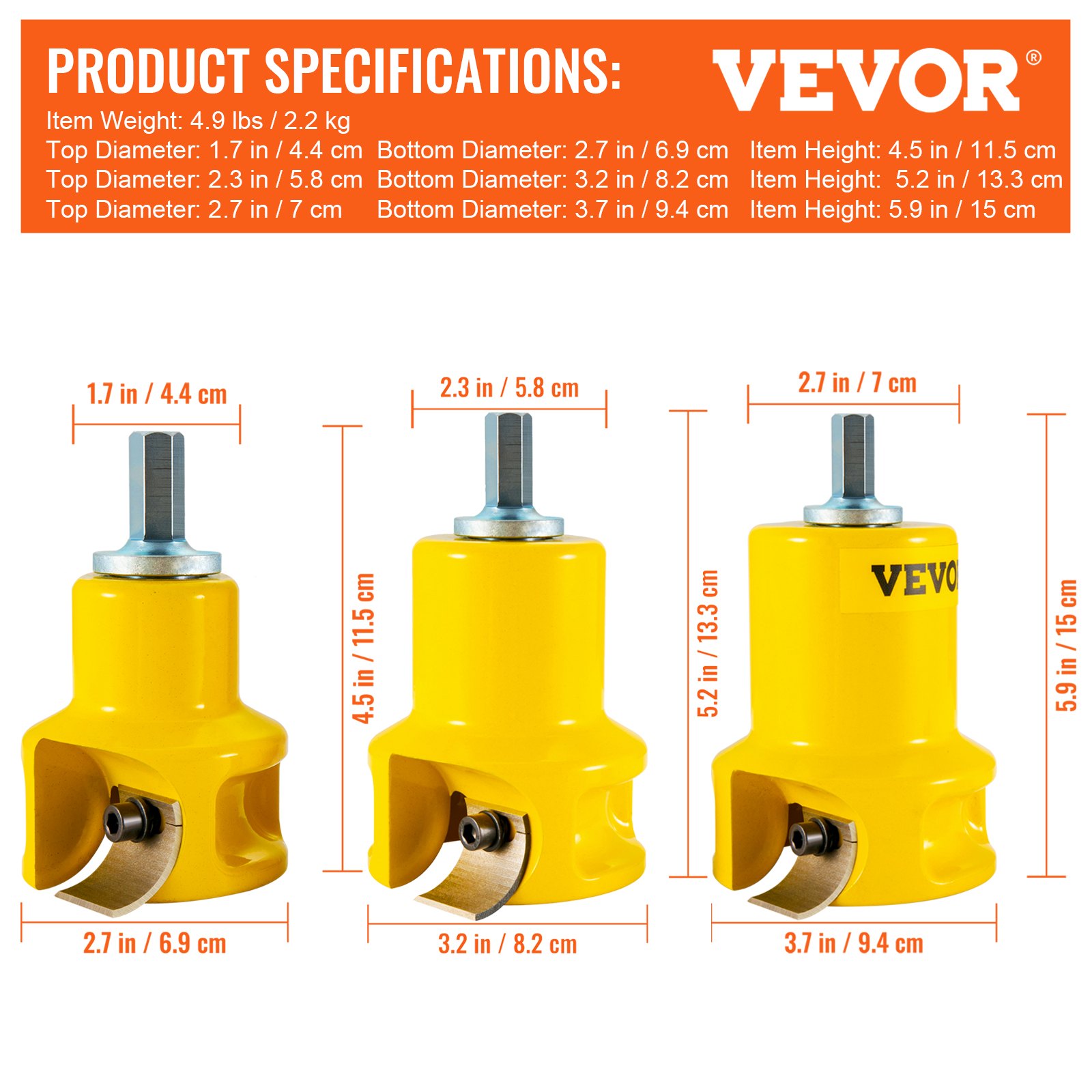 VEVOR tenon cutter product specifications with dimensions and three yellow tenon cutters.