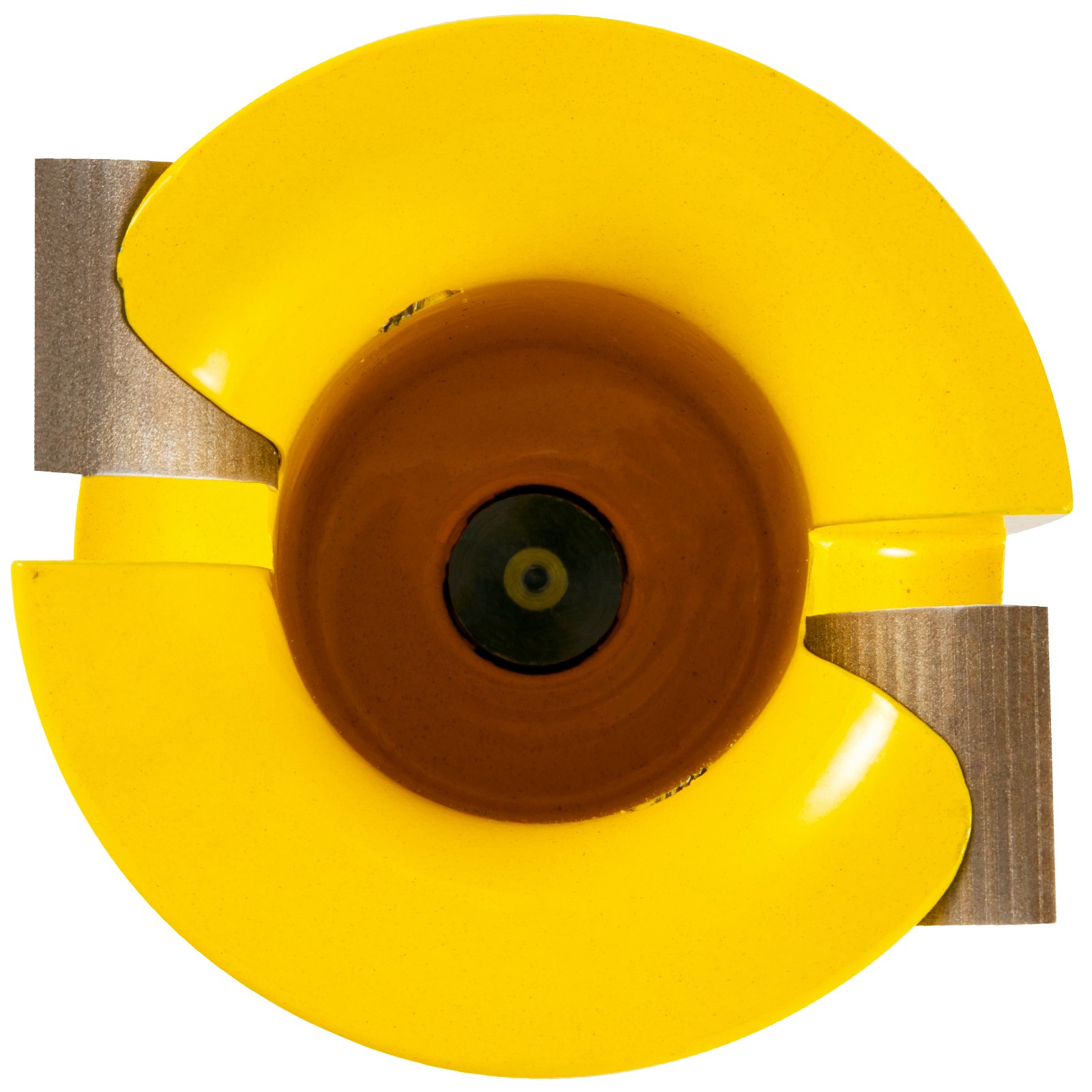 yellow and brown VEVOR tenon cutter with sharp metal blades on a white background.