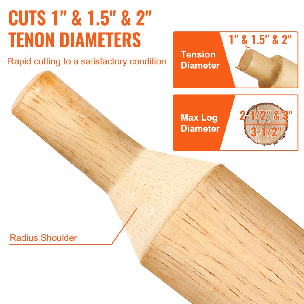 VEVOR tenon cutter for 1&quot;, 1.5&quot;, and 2&quot; tenon diameters; max log diameter 2.5&quot;, 3&quot;, and 3.5&quot;.