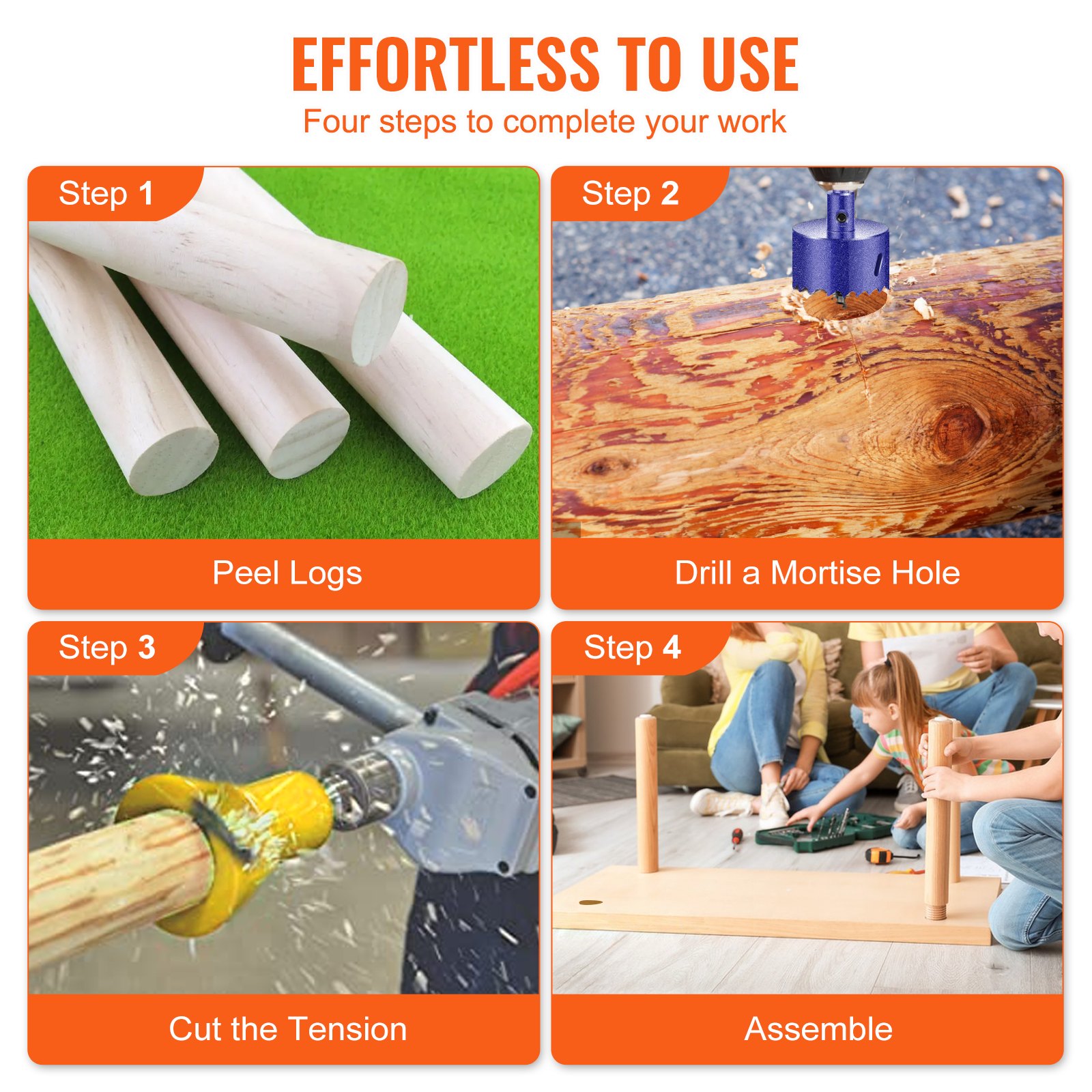 effortless steps for VEVOR tenon cutter: peel logs, drill mortise hole, cut tension, and assemble.
