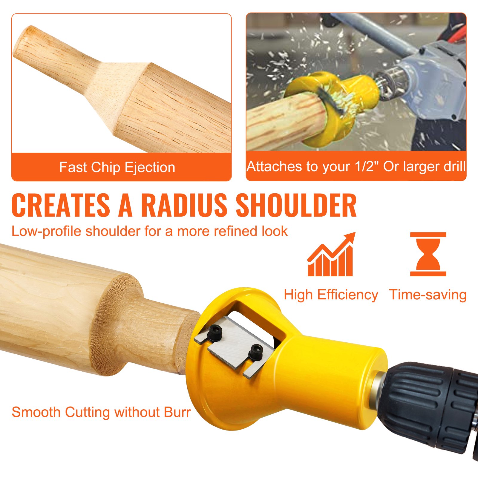 VEVOR tenon cutter attached to drill, creating radius shoulder on wood, showcases high efficiency.