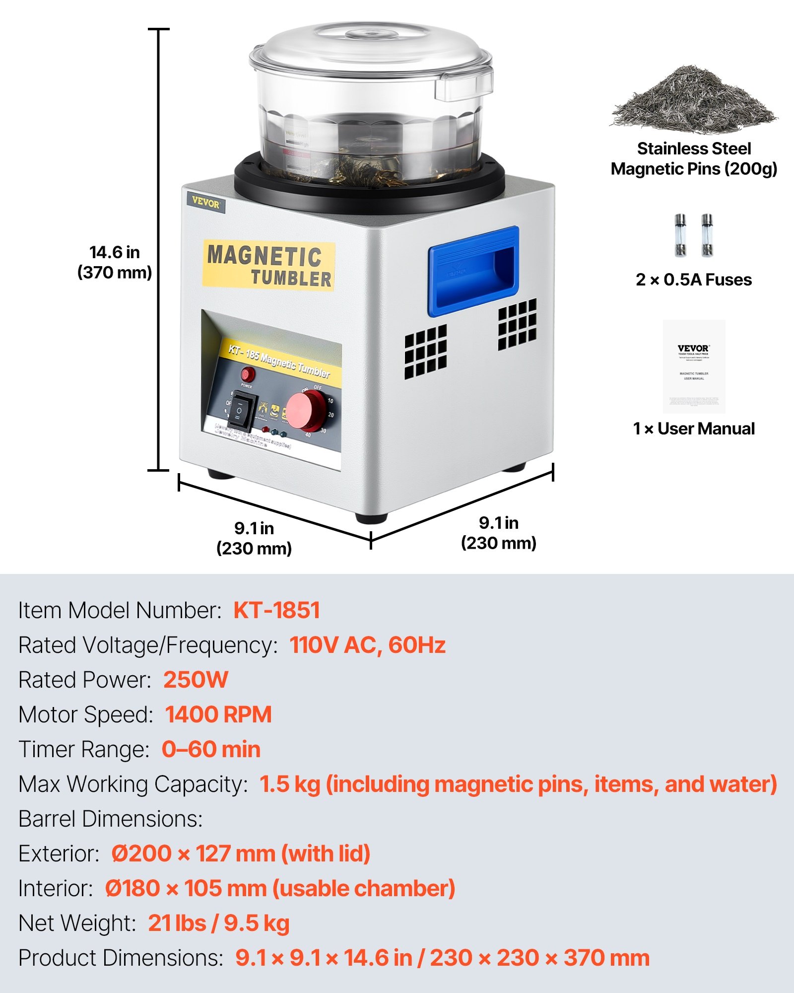 VEVOR Magnetic Tumbler, 180mm Jewelry Polisher Tumbler,2000 RPM KT-185 Jewelry Polisher Finisher with Adjustable Direction and Time for Jewelry (185mm)