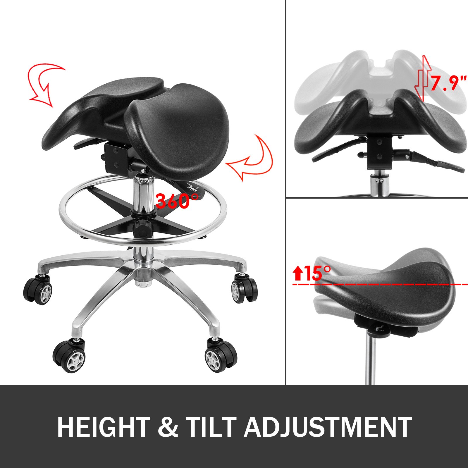 Twin Adjustable Saddle Chair Stool Leather Blood Circulation Gas Lift Massage